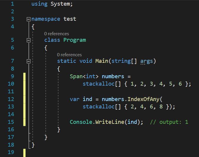 โค้ดตัวอย่างการใช้นิพจน์ stackalloc ซ้อนไว้ภายในนิพจน์อื่น ๆ