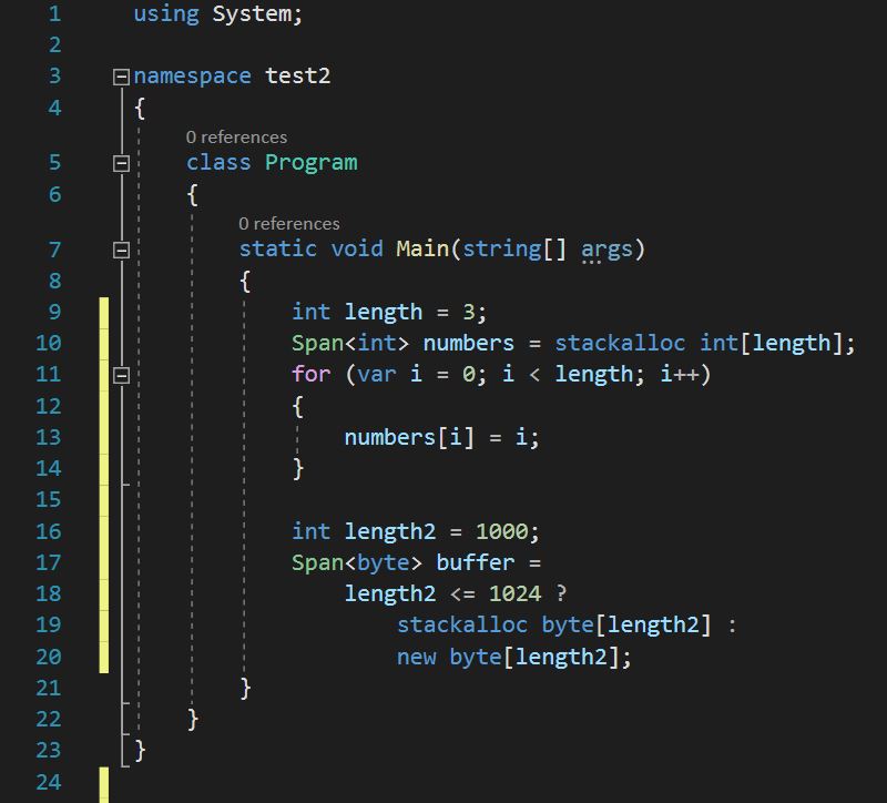 โค้ดตัวอย่างการใช้งานนิพจน์ stackalloc 