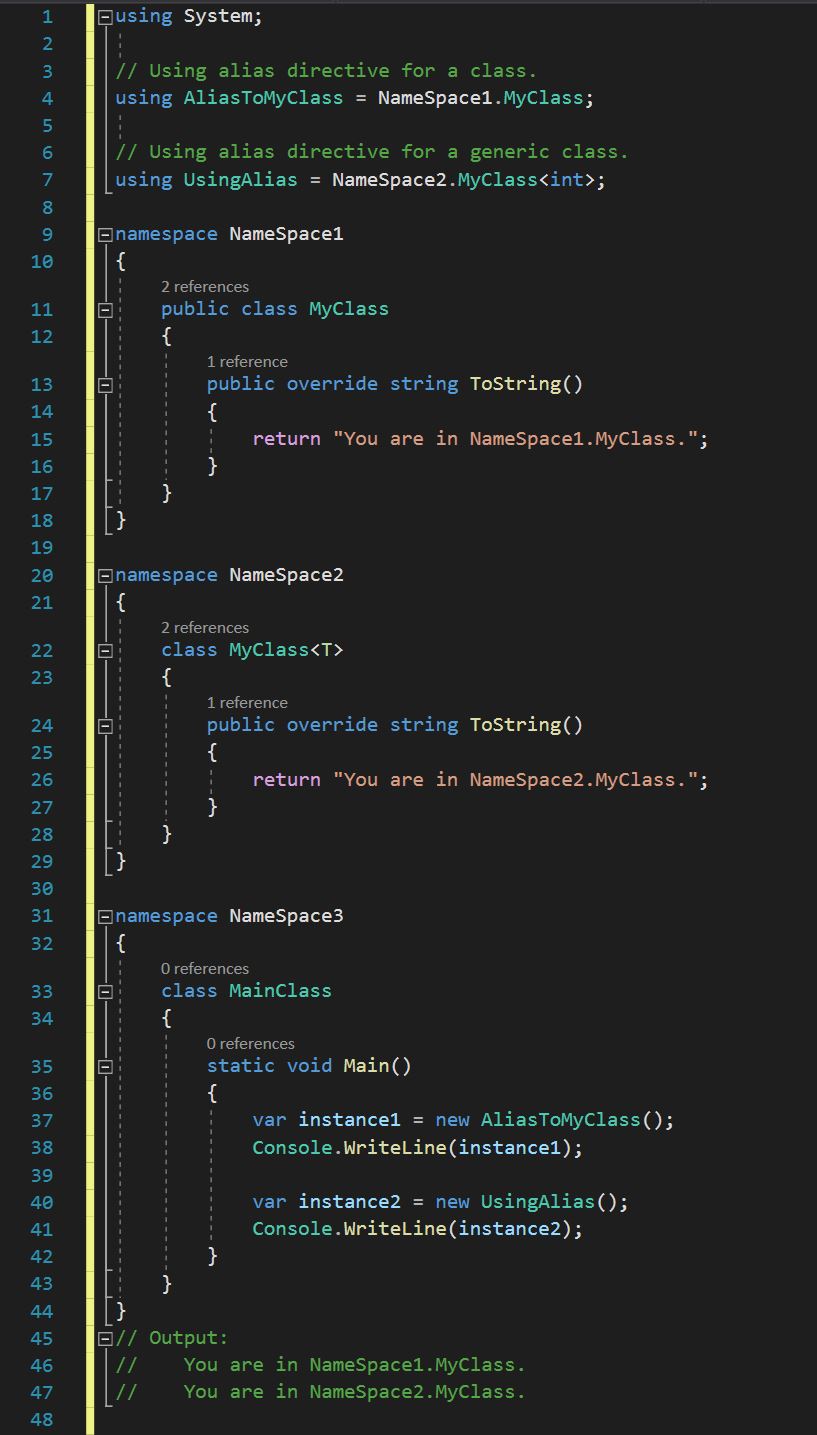 โค้ดแสดงการใช้งาน Using directive alias 