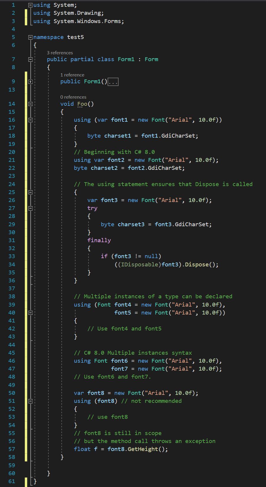 รูปแสดงวิธีเขียนโค้ดที่ใช้ using statement เพื่อใช้ทำลาย object แบบ IDisposable