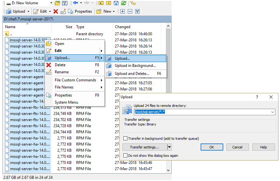 อัพโหลด Packages ในส่วนของ DB Engine, Agent Service, Full Text และ SSIS ที่ดาวน์โหลดไว้ ไปยังไดเร็กทอรี่ /root/sql-server