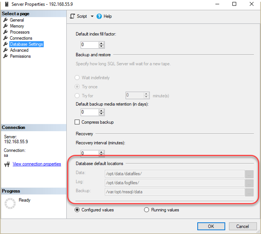 เราสามารถใช้ SSMS เชื่อมต่อไปยัง SQL Server บน Linux และเมื่อเปิด Server Properties แล้ว เลือกที่เพจ Database Settings