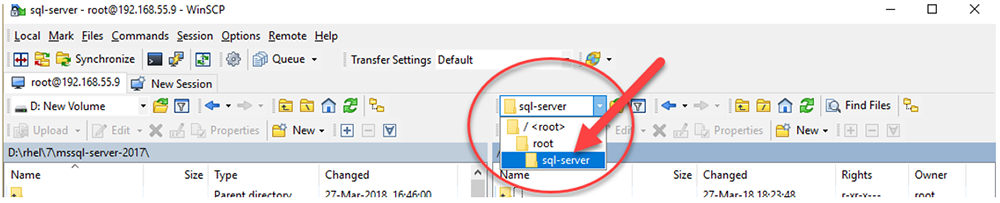 ติดตั้งและเรียกใช้ SFTP Client (WinSCP) เชื่อมต่อไปยัง Red Hat และตรวจสอบให้แน่ใจว่าได้เลือกไดเร็กทอรี่ /root/sql-server ที่สร้างขึ้นเป็นไดเร็กทอรี่ปลายทาง
