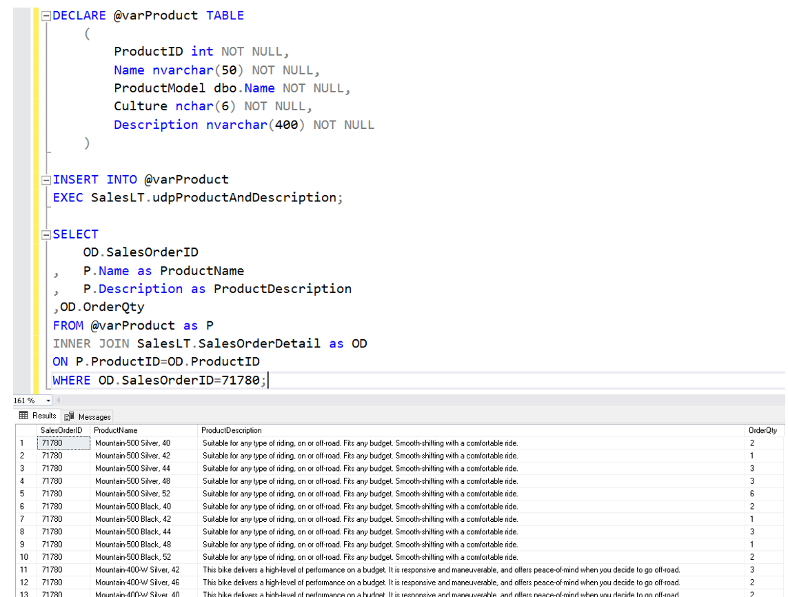 ผลลัพธ์การ Join กันของ Table Variable ชื่อ varProduct และ Stored Procedure ชื่อ SalesLT.udpProductAndDescription