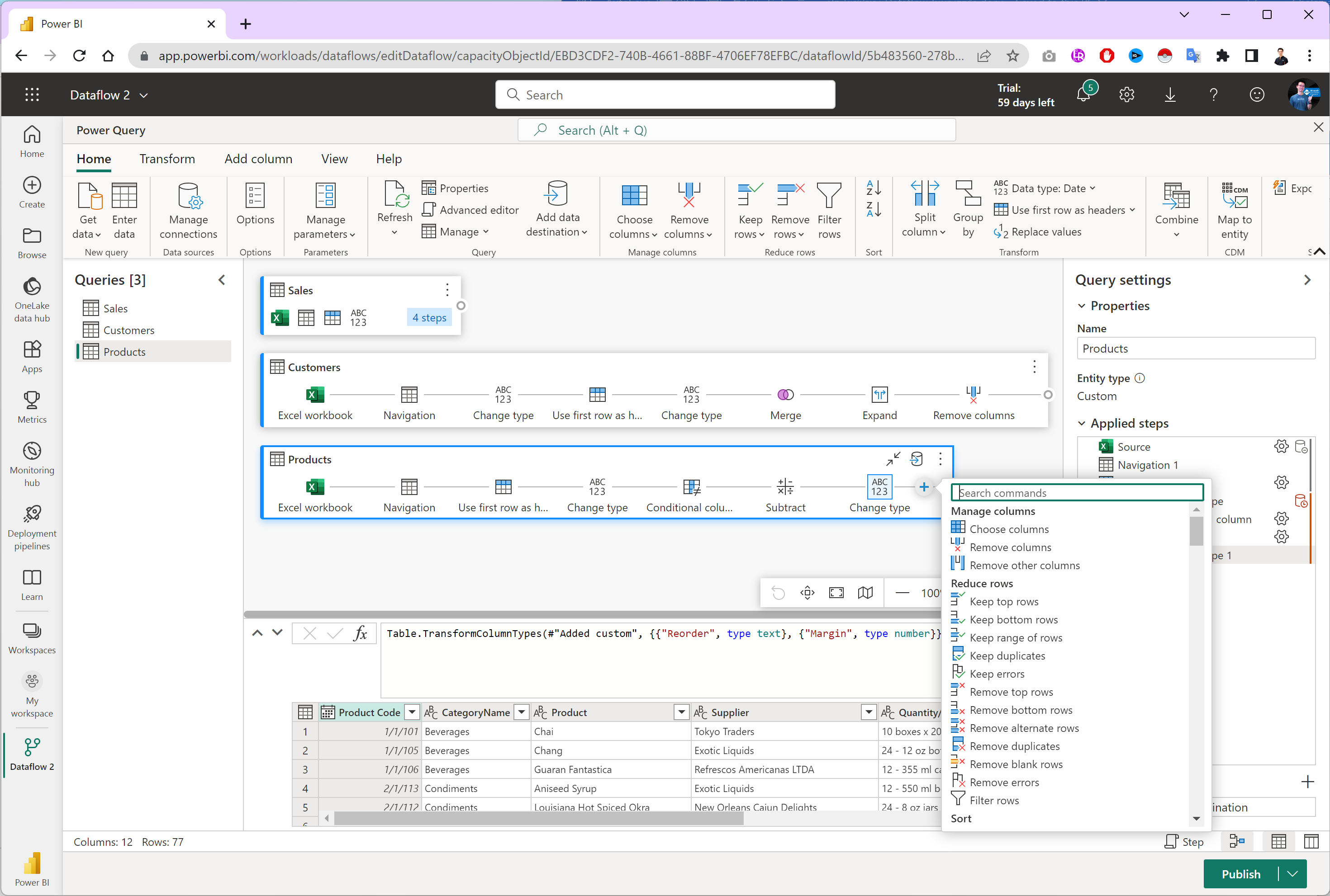 ตัวอย่าง Dataflow ที่จะมีคำสั่งต่าง ๆ ให้เลือกใช้เพื่อ ETL Data Cleansing