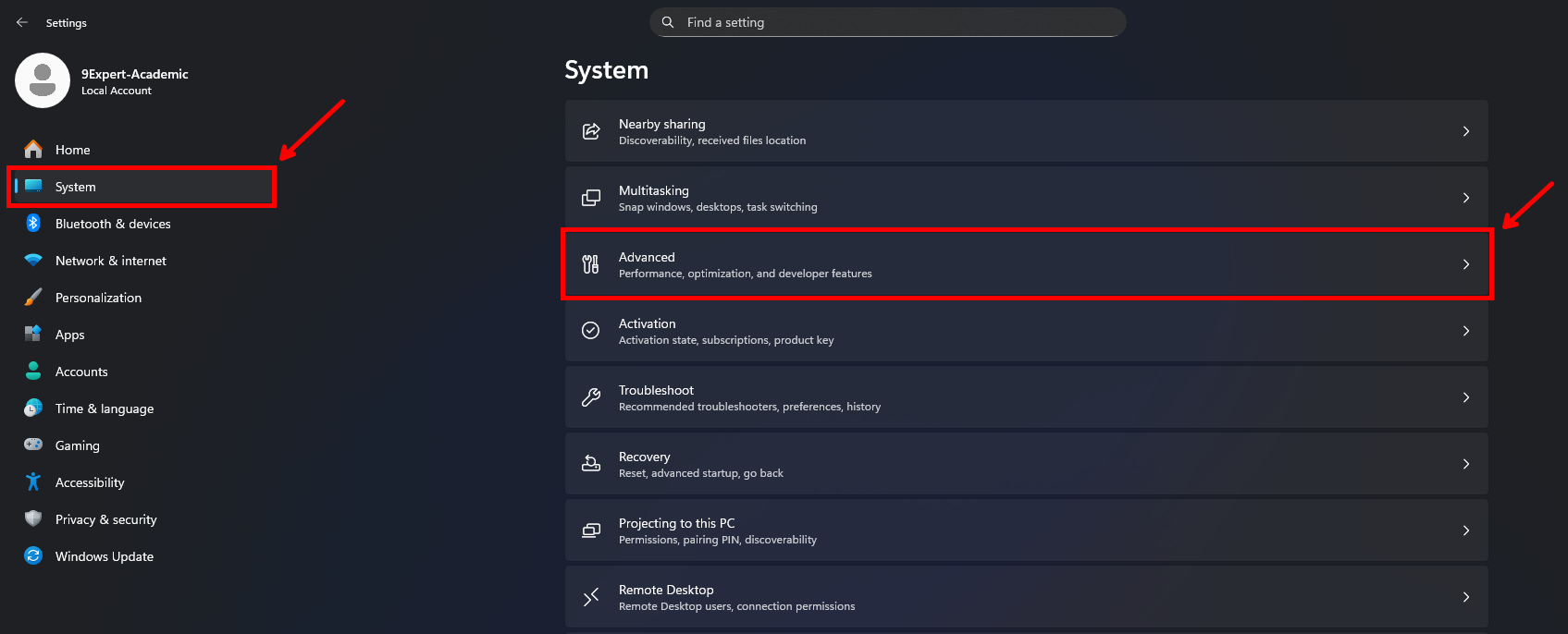 เข้าที่ System และเลือก Advanced เข้าที่ System และเลือก Advanced