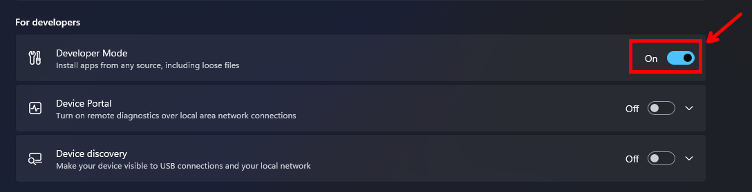 เลื่อนลงมาและเลือก Turn On ในคำสั่ง Developer Mode เลื่อนลงมาและเลือก Turn On ในคำสั่ง Developer Mode