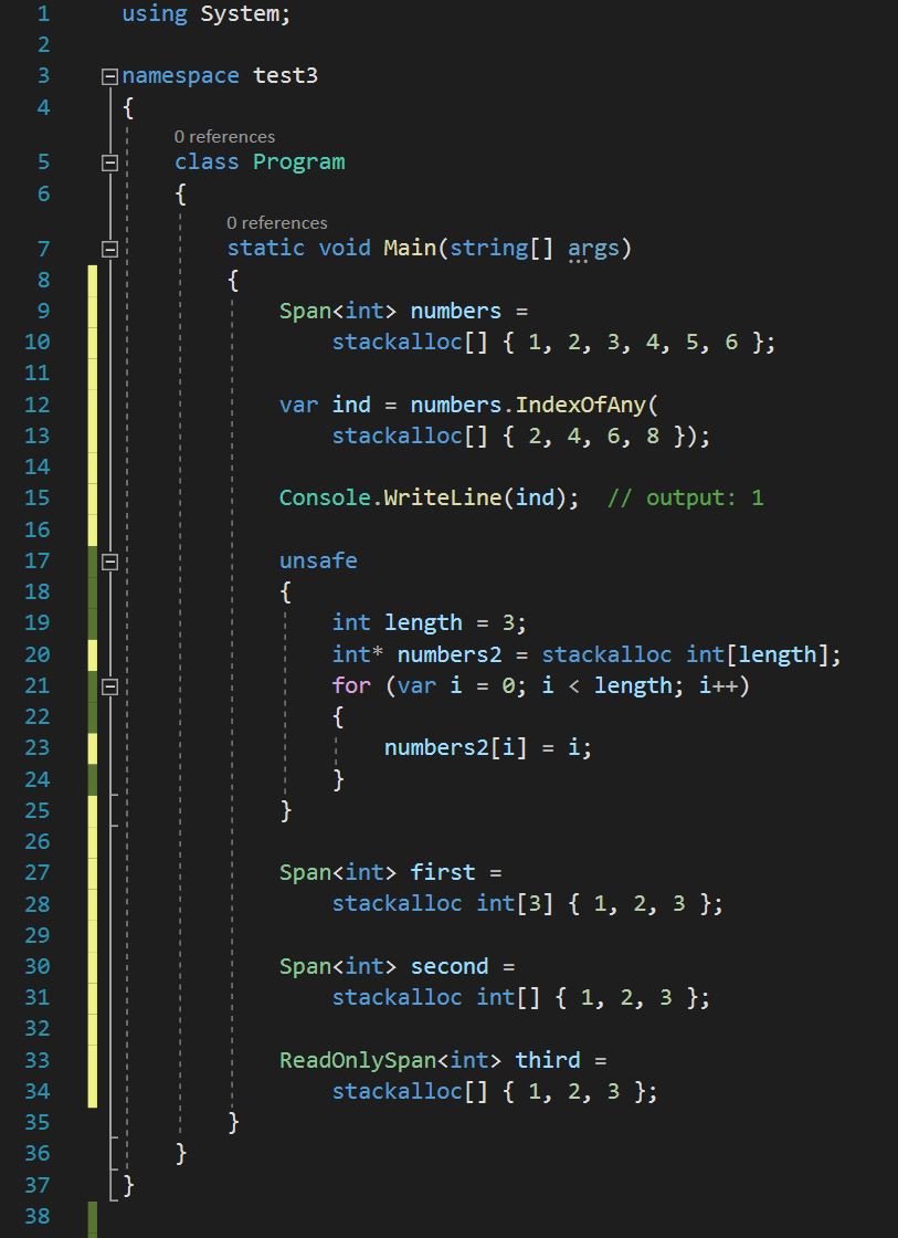 โค้ดตัวอย่างการใช้งานนิพจน์  stackalloc กับตัวแปรแบบ pointer 