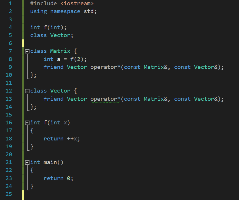 ตัวอย่างโค้ดภาษาซีพลัสพลัสแสดงให้เห็นว่ามีข้อกำหนดให้ประกาศคลาสและฟังก์ชันไว้ก่อนหน้าโค้ดที่จะเรียกใช้
