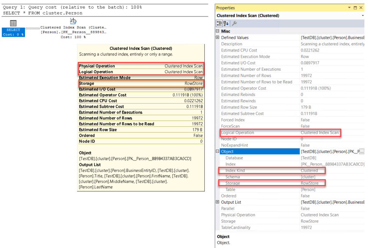 รูปแสดง Property ต่างๆ ของ Table จะพบว่า Index Kind ของ Object มีค่าเป็น Clustered
