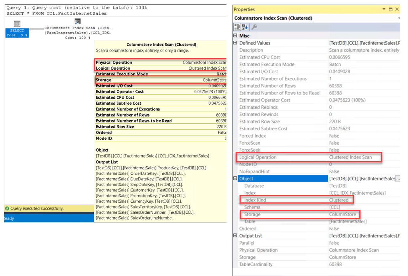 รูปแสดง Physical Operation จะเห็นว่ามีค่าเป็น Columnstore Index Scan