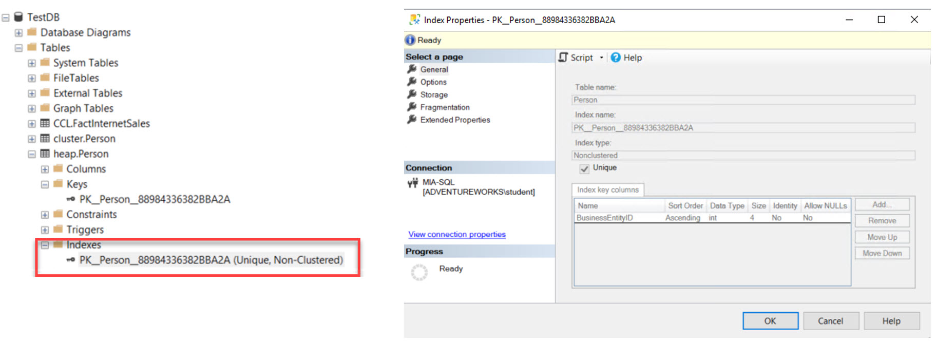 รูปแสดงประเภทของ Indexs จะเห็นว่ามีวงเล็บหลัง PK_Person_8898433638288A2A นั้นเป็น Unique,Non-Clustered)