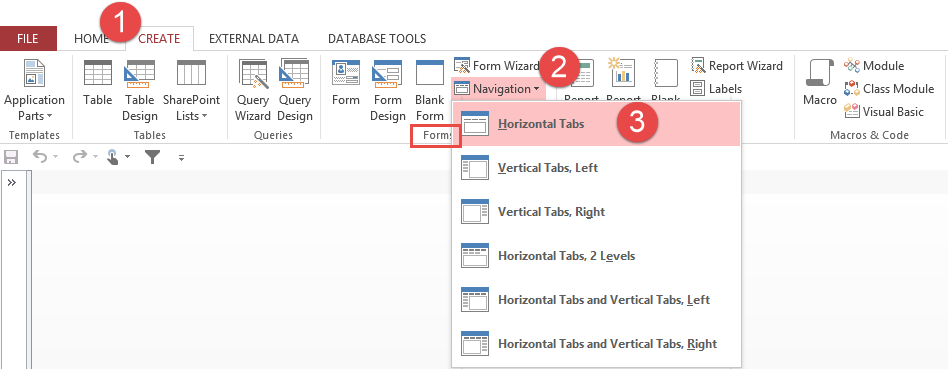 คลิกที่ Create tab ที่กลุ่ม Forms คลิก Navigation แล้ว คลิก Horizontal Tabs