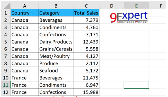 ลักษณะของตัวอย่างข้อมูลที่เป็นลักษณะ Hieratical Data ของยอดขายสินค้าแต่ละกลุ่มสินค้าแยกเป็นแต่ละประเทศ