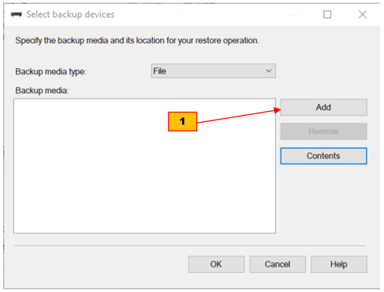 Add ไฟล์ bak ที่ต้องการ Restore