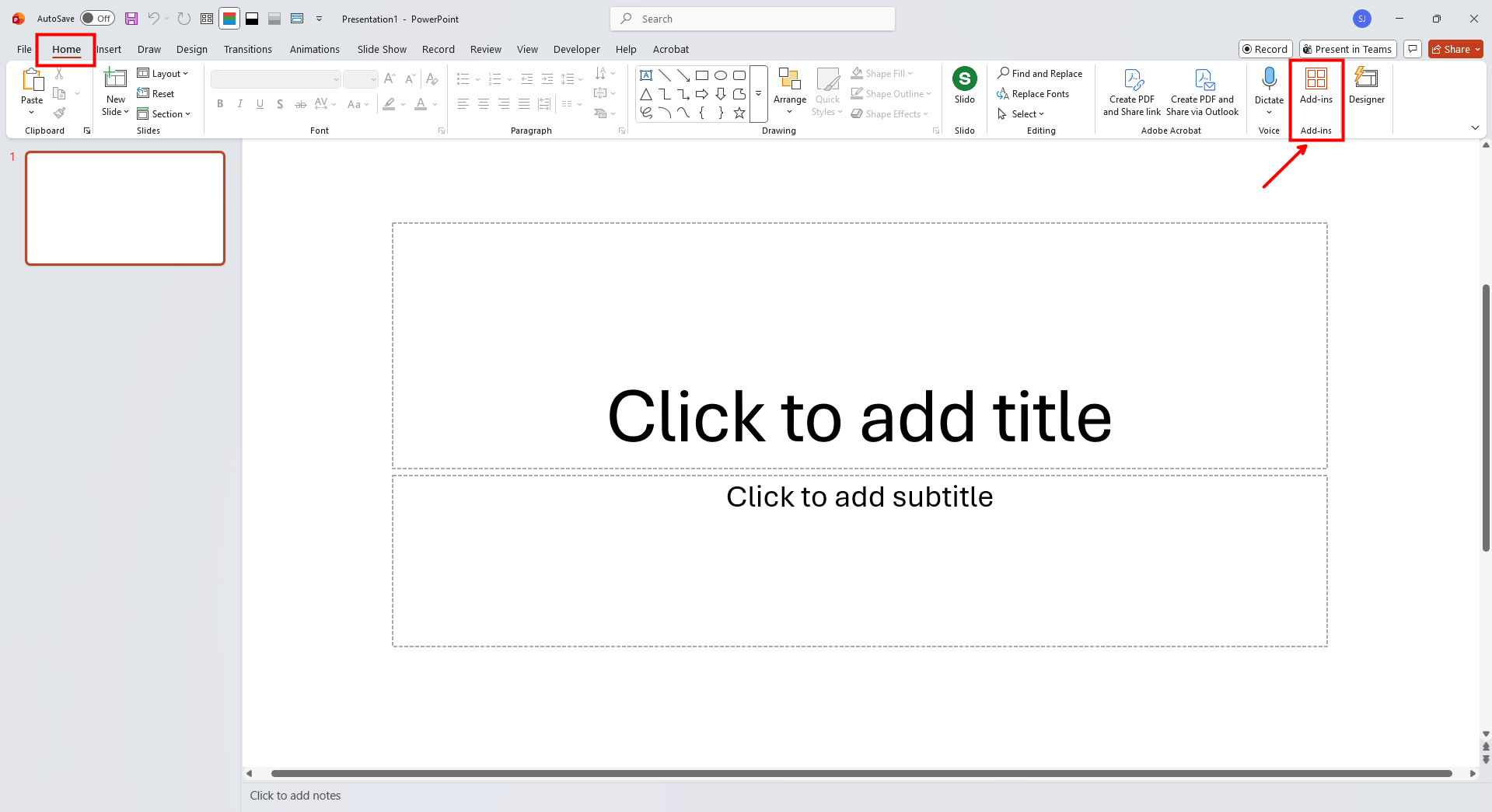 Add-ins จะอยู่ที่ Home Tab