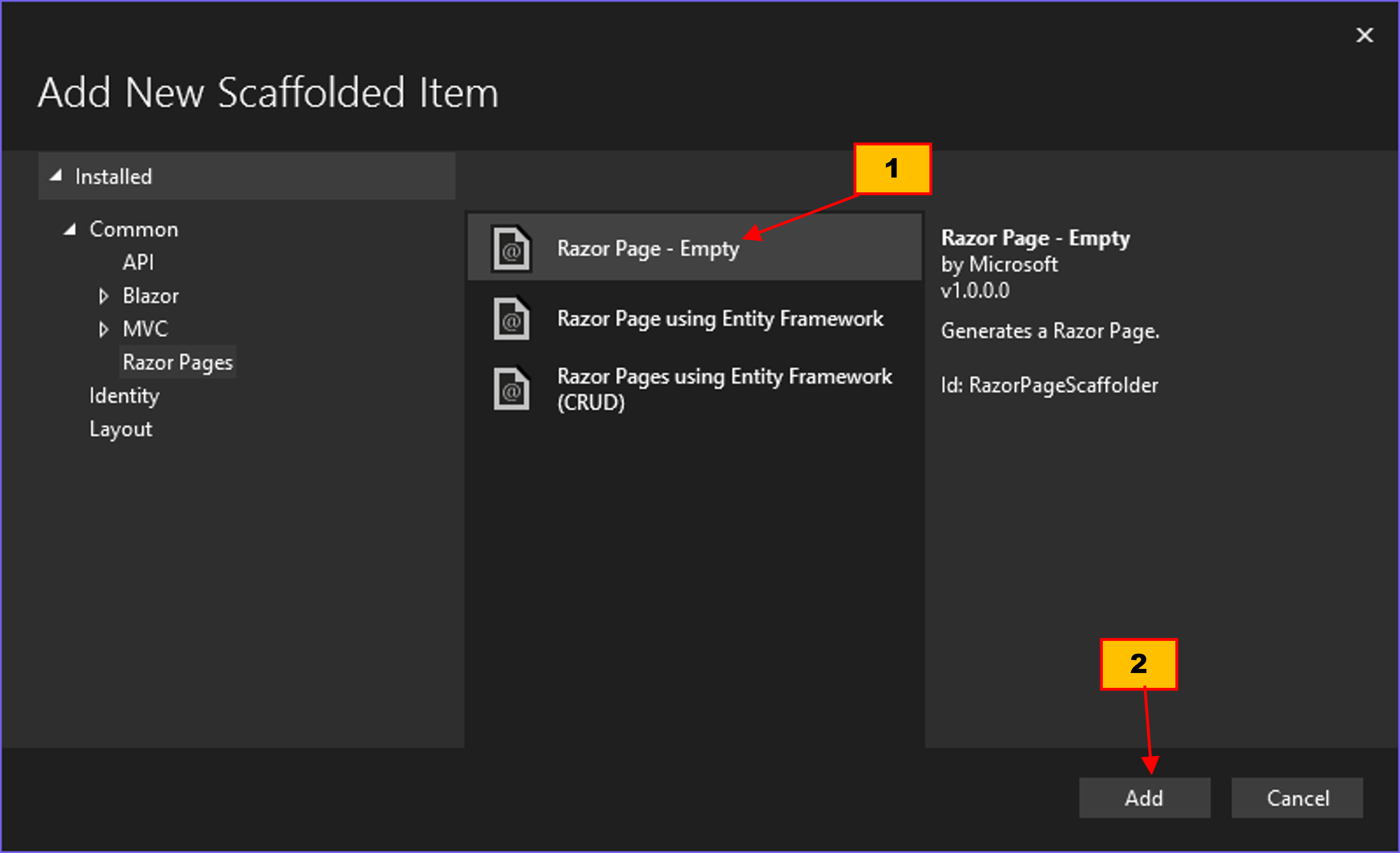 (1) เลือก Razor Page – Empty, (2) เลือก Add