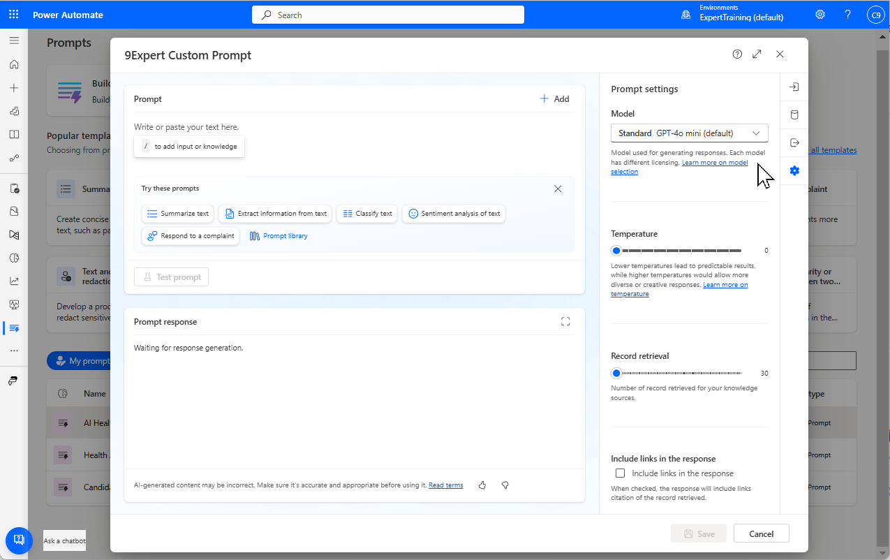 AI Builder Custom Prompt กำหนดเลือก Model และ Temperature ได้