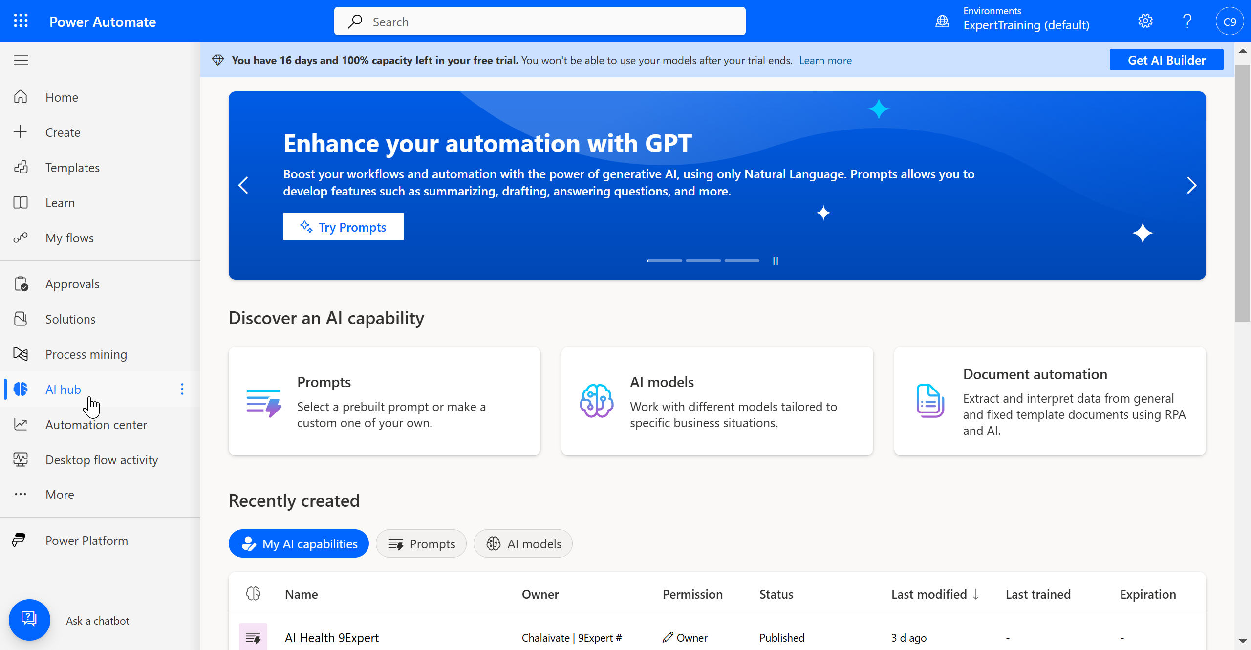 หน้าต่าง AI Hub ใน Power Automate หรือ Power Apps เพื่อเป็นหน้าหลักในการใช้งาน AI Builder