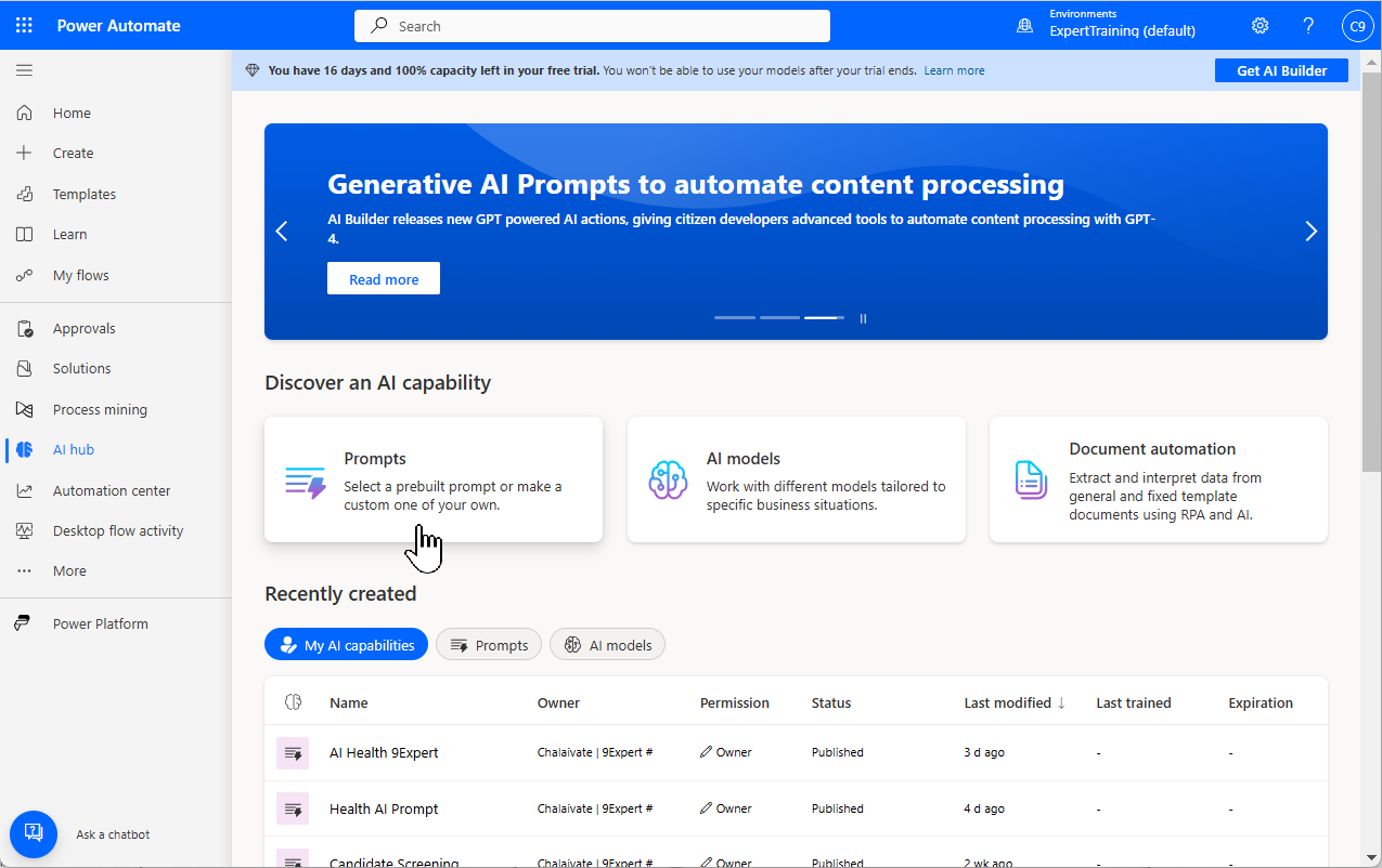AI Hub เป็นการเข้าถึง AI Builder โดยจะมีทั้งผ่าน Power Apps หรือ Power Automate