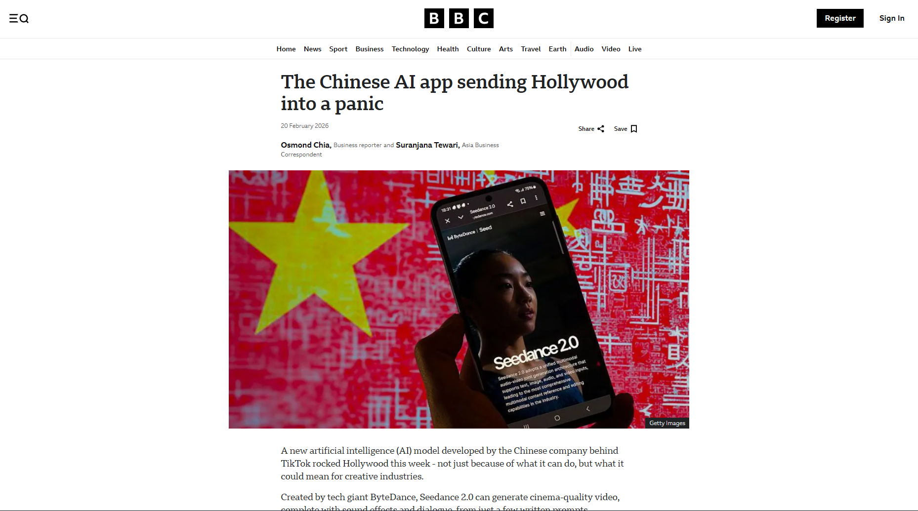 ข่าวจาก BBC ที่ลงข่าวเกี่ยวกับ  Seedance 2.0 ที่กำลังมีประเด็นเรื่องของการใช้ตัวละครจากค่ายหนังดัง