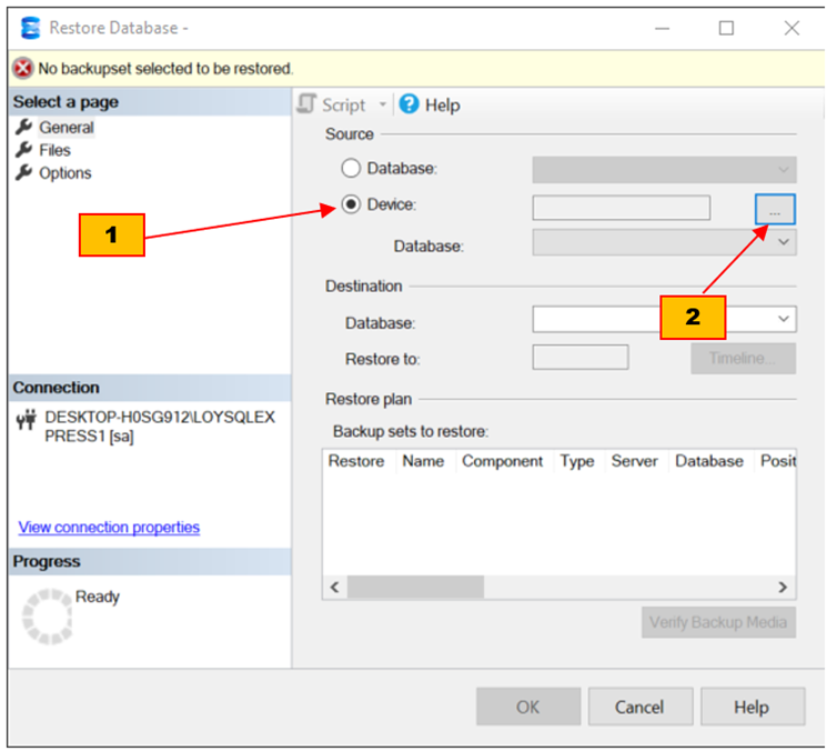 เลือกที่อยู่ของไฟล์ bak ภายในเครื่อง