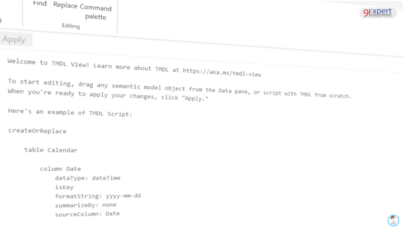 การแสดงหน้าตาของ Code Editor ที่ใช้ภาษา Tabular Model Definition Language