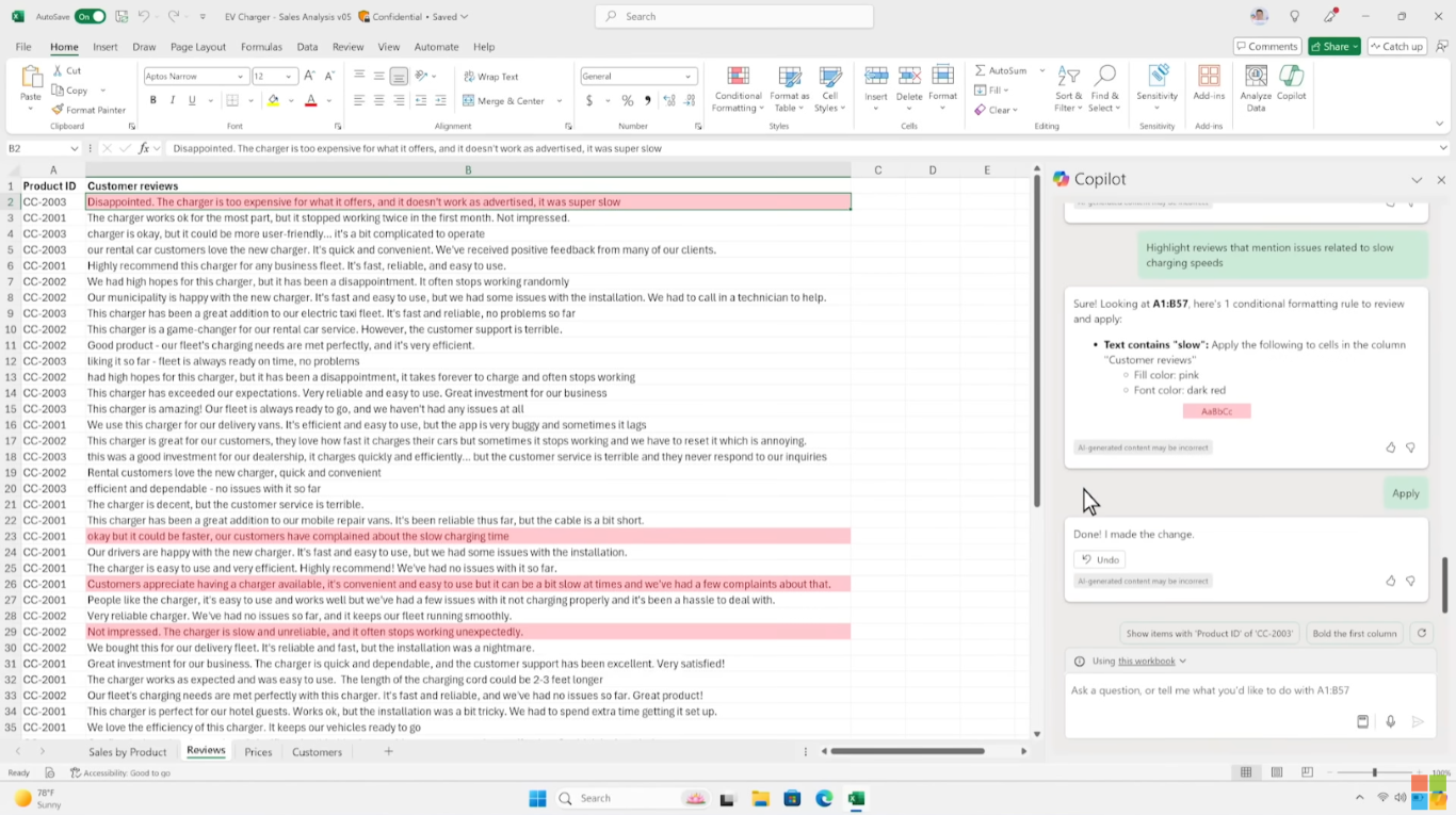 การใช้งาน Copilot เพื่อค้นหา Review ที่มีปัญหาจากลูกค้าโดยใช้ Conditional Formatting