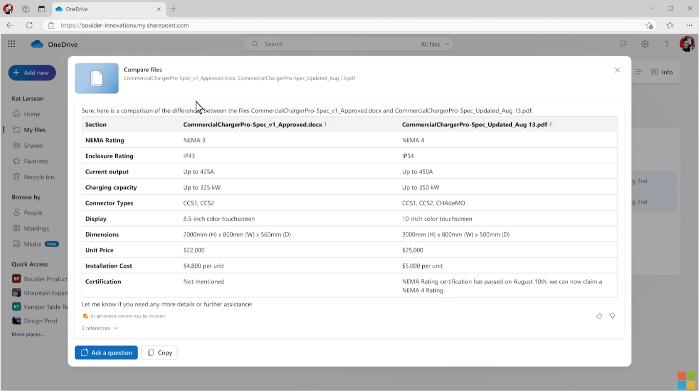 การใช้งาน Copilot บน OneDrive เพื่อดูเปรียบเทียบเนื้อหาในเอกสารโดยไม่ต้องเปิดไฟล์