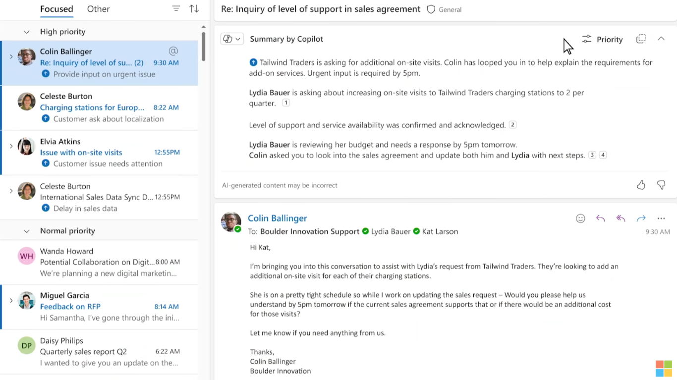 Copilot ใน Outlook ที่สรุปเนื้อหาข้อมูลออกมาให้พร้อมนำไปใช้งานและการเลือกลำดับความสำคัญ