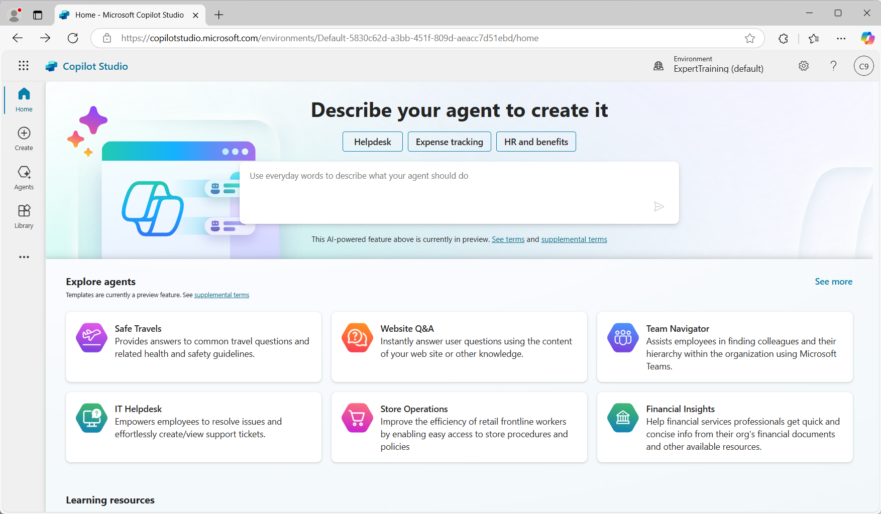 หน้าหลักของ Microsoft Copilot Studio เพื่อใช้สร้าง AI Agents โดยจะมี Copilot ให้ Prompt เพื่อจะสร้าง AI Agents ได้