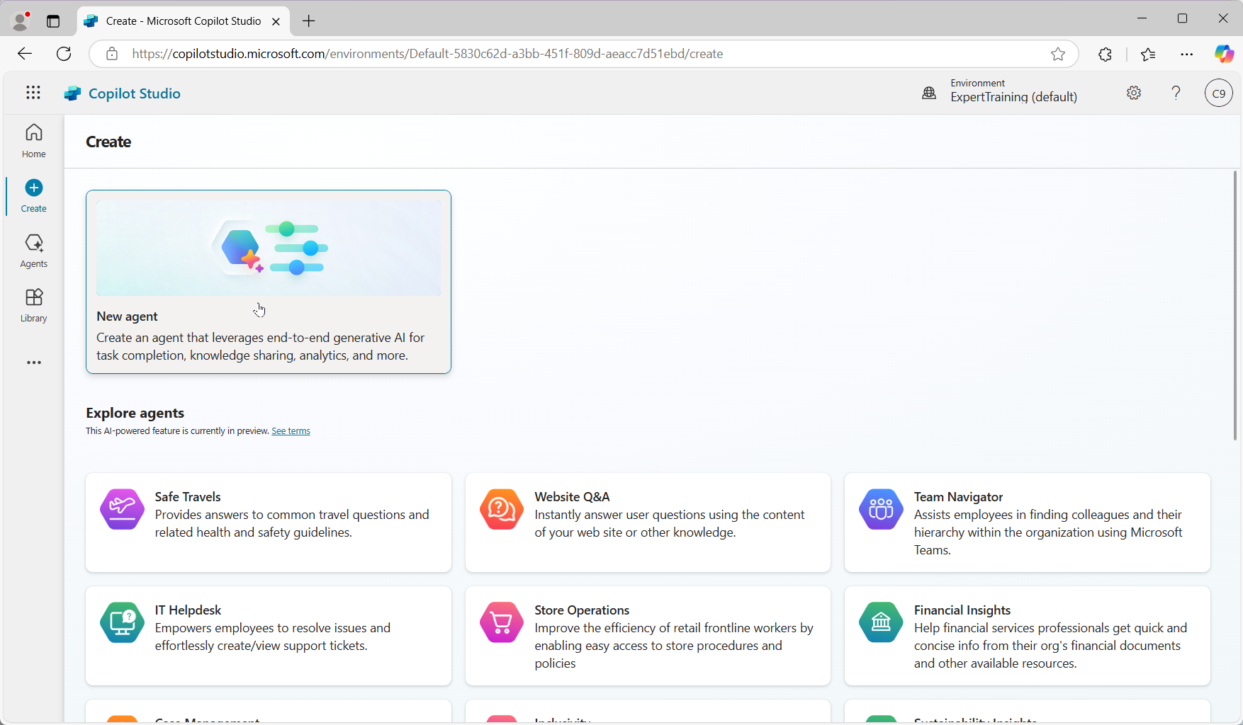 หน้าหลักของ Copilot Studio เพื่อการสร้าง AI Agent เพื่อช่วยในการทำงานอัตโนมัติ
