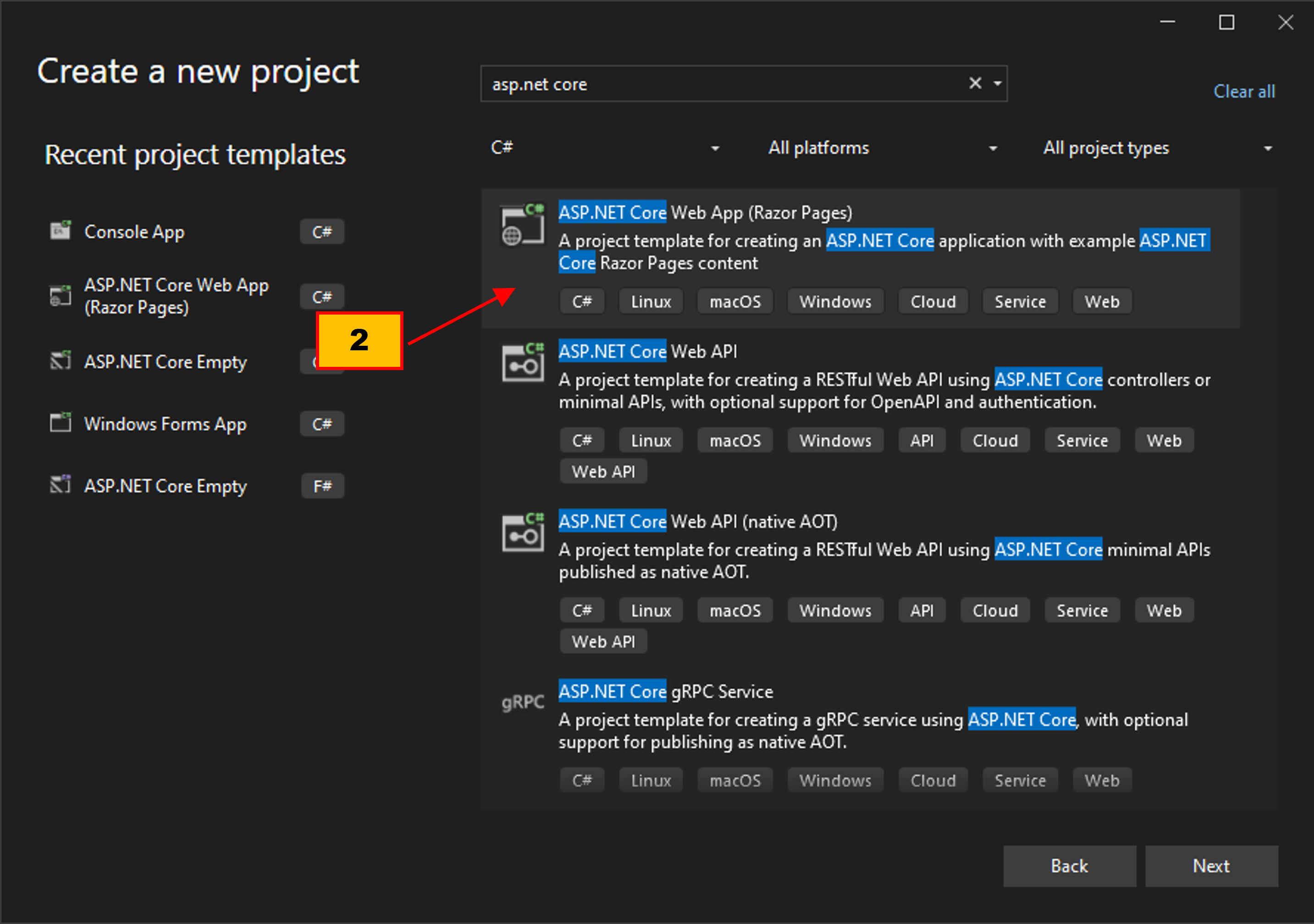 กดหัวข้อนี้เพื่อเลือกเทมเพลต ASP.NET Core Web App