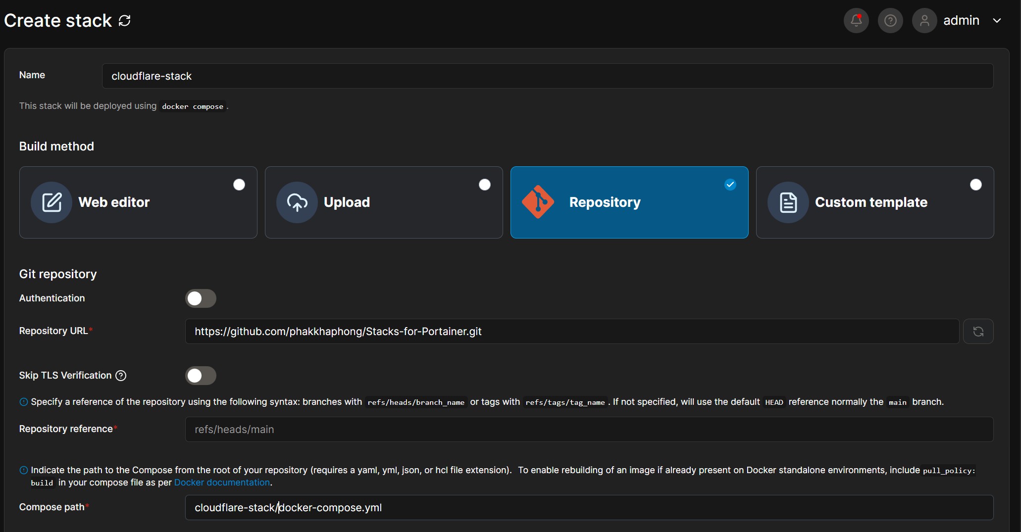 ไปที่ Stacks → Add Stack → Git repository