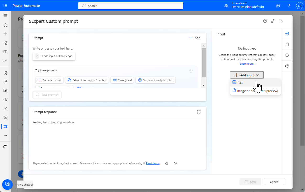 กำหนด Input ให้กับ Custom Prompt โดยมีให้เลือกทั้งแบบ Text และ Image