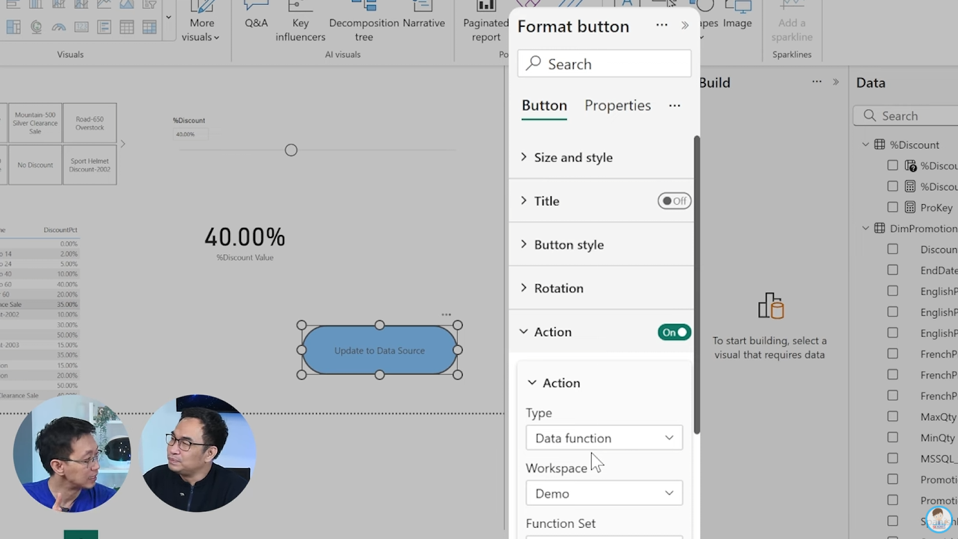 หลังจากเปิด Translytical task flow แล้ว ในเมนู Action ของปุ่ม (Button) จะมี Type ชื่อว่า Data function เพิ่มเข้ามา