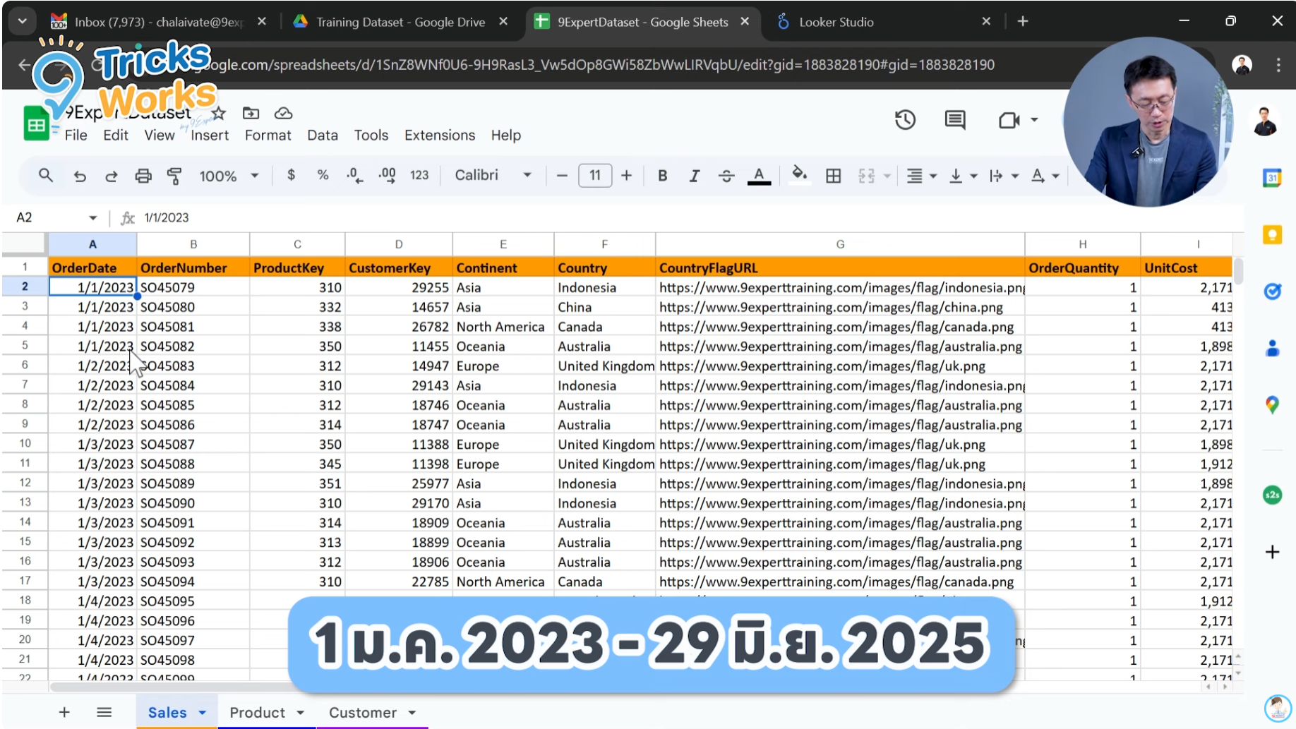 การทำความเข้าใจข้อมูลที่จะนำมาใช้ ภายในภาพเป็นข้อมูลจากในไฟล์ Google Sheets เกี่ยวกับยอดการสั่งซื้อจากลูกค้าประเทศต่าง ๆ ตั้งแต่ 1 มกราคม 2023 ถึง 29 มิถุนายน 2025