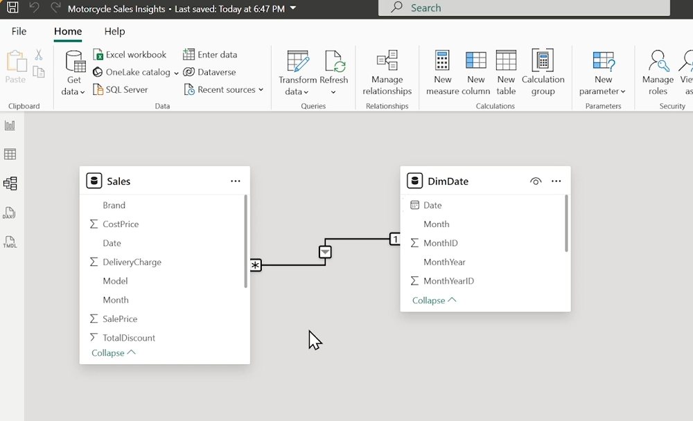 การสร้างความสัมพันธ์ของตาราง Sales และ DimDate