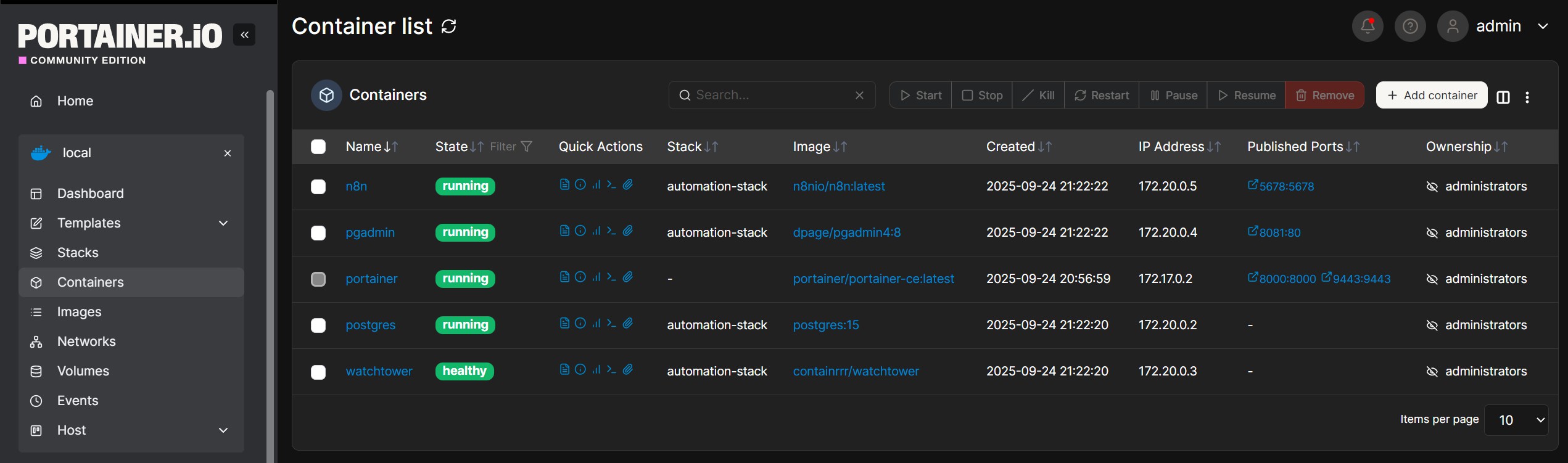 Deploy the Stack จะพบ Containers ที่ต้องการในเพจ Containers
