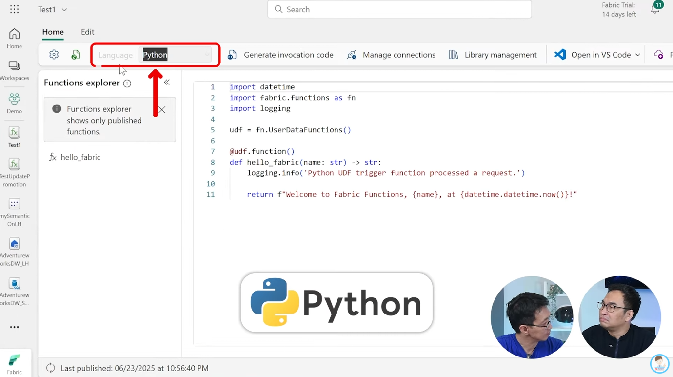 หน้าตาการปรับแก้ของ User data functions (preview)