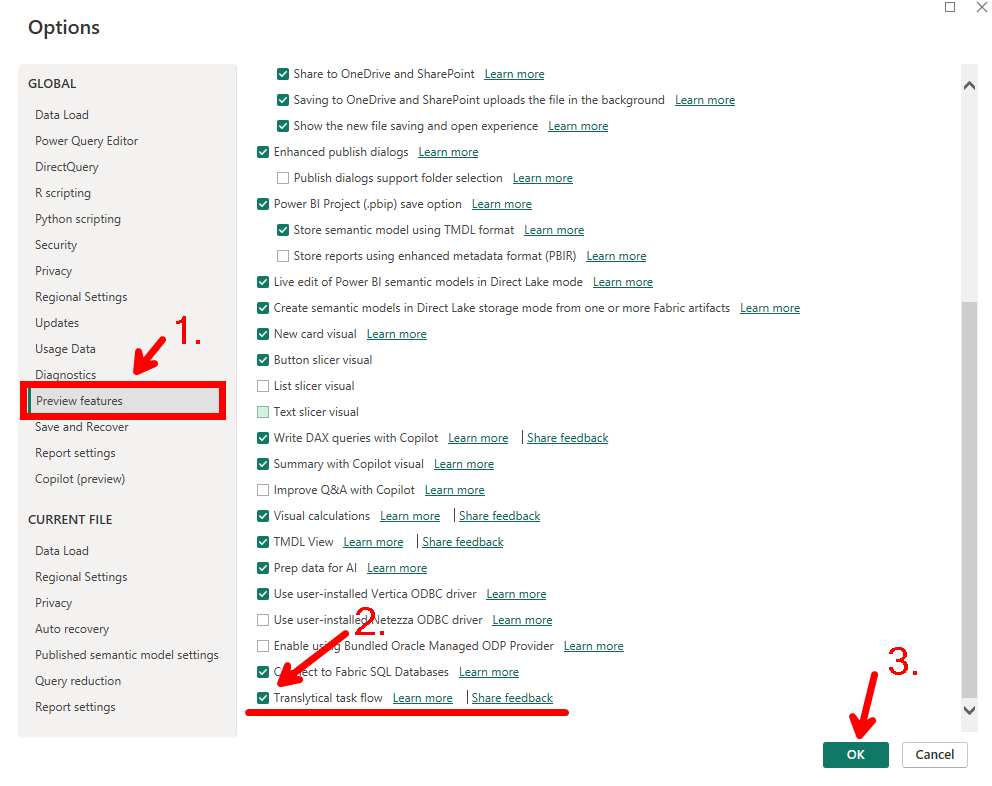 การเปิด Translytical task flow ที่ Preview features