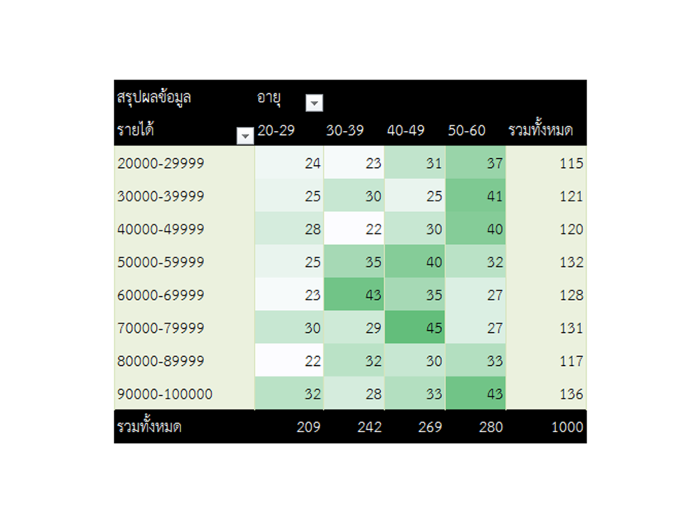 ตารางสรุปช่วงรายได้และอายุของพนักงาน