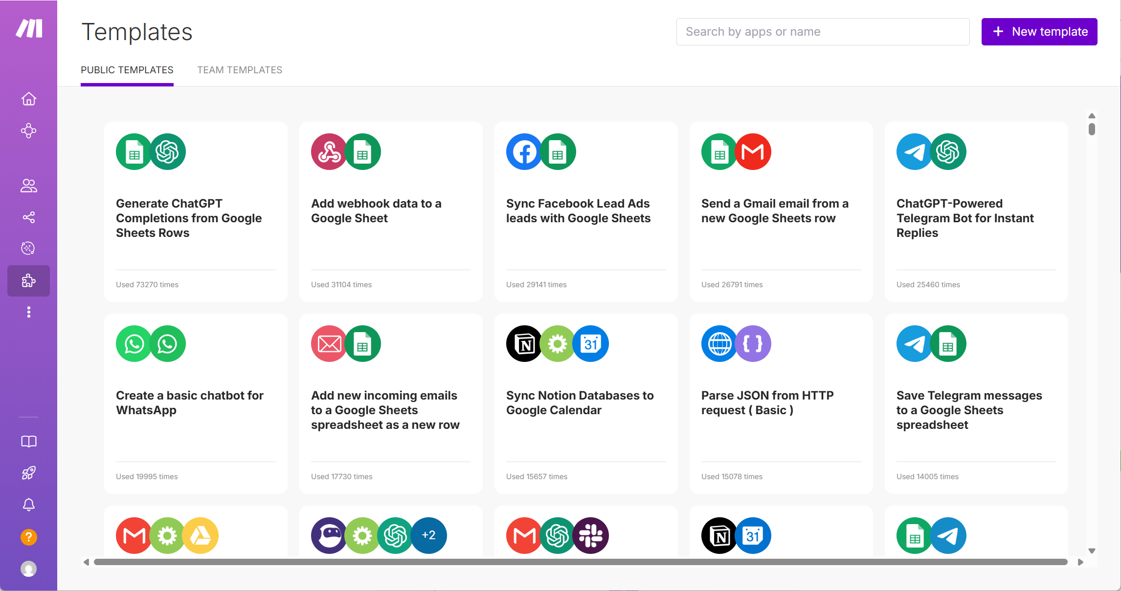 Make.com Template มีรูปแบบของ Workflow ให้เลือกมากมาย