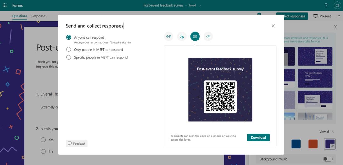 Microsoft Forms สามารถส่ง Email ทำลิงก์ และทำเป็น iframe tag ได้ และยังทำ QR Code ได้เลย