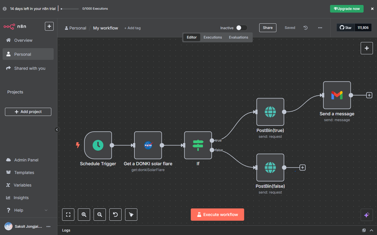 หน้าต่างการทำงานของ Workflow บน n8n ที่มีการทำงานกับ Node ที่มาจาก NASA และ Gmail ของ Google