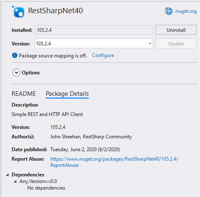 ใช้ NuGet ติดตั้งแพคเกจ RestSharpNet40