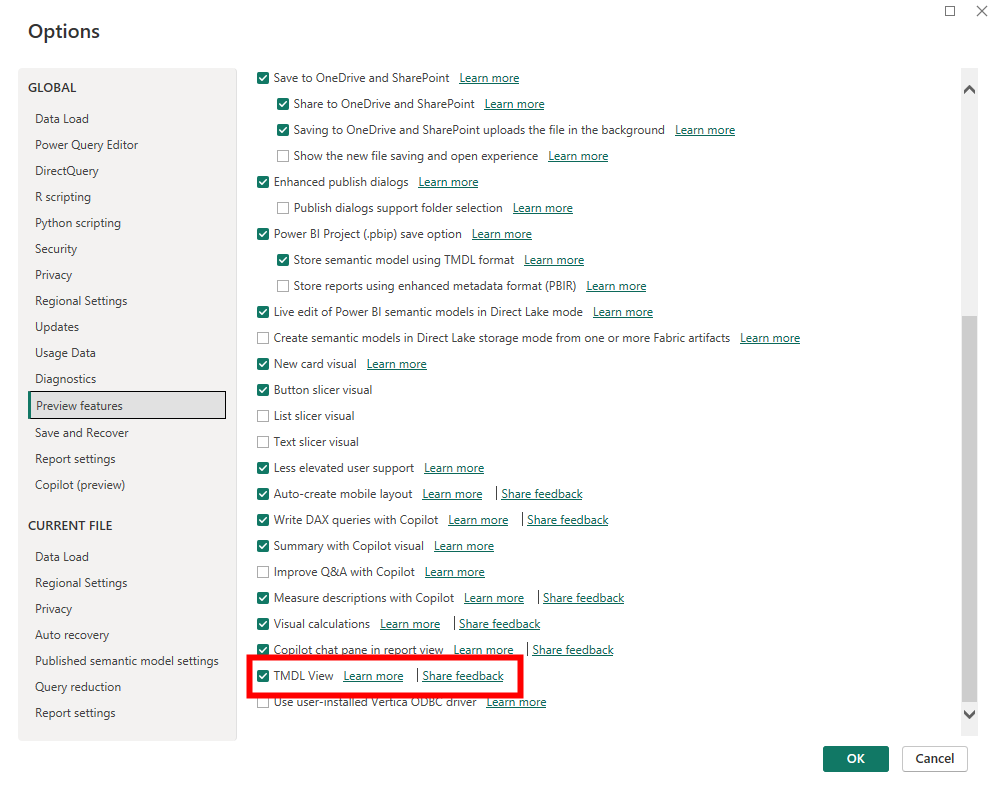 วิธีการเปิดใช้งาน TMDL View บน Preview features ของ Power BI Desktop