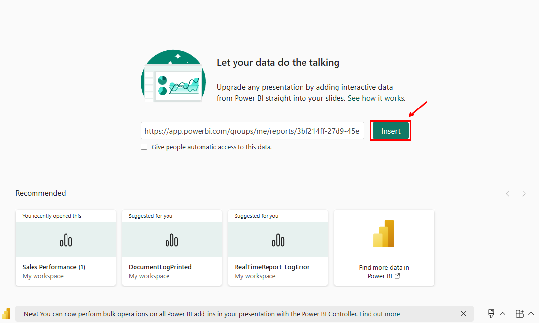 กด Insert ลิงก์ที่ Copy จาก Power BI Service
