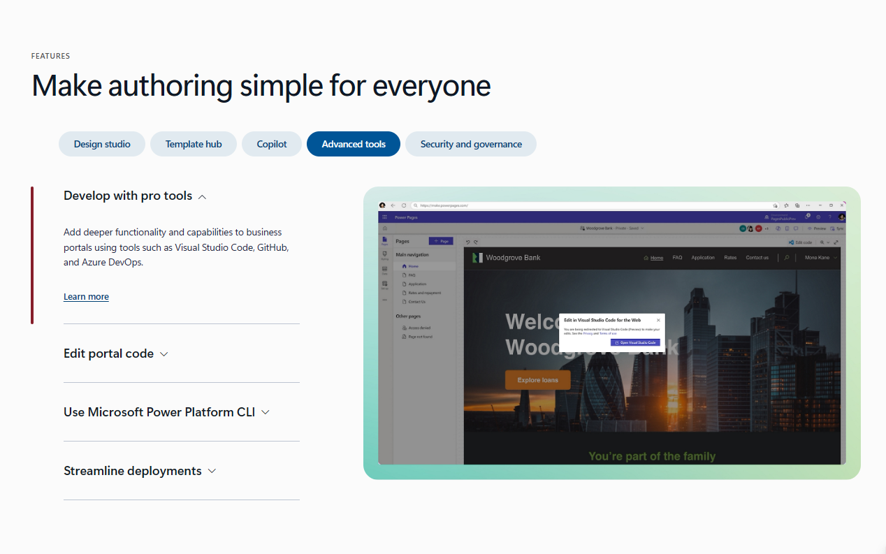 การทำงานของ Power Pages ที่มีเครื่องมือสำหรับการพัฒนาเว็บไซต์ให้พร้อมใช้งาน