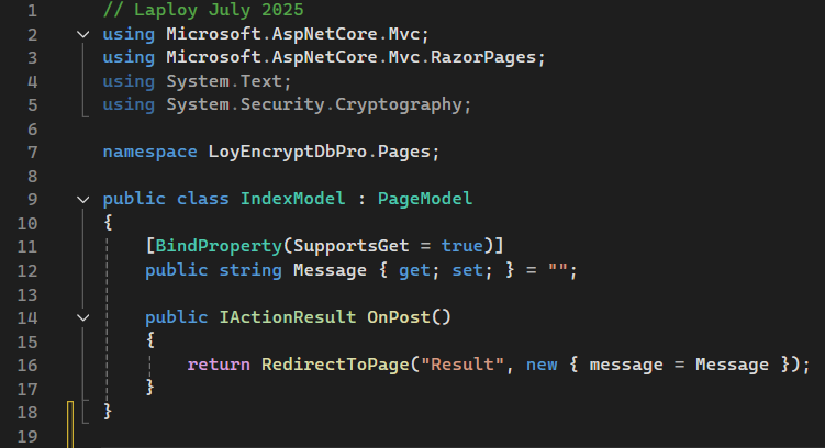 แทนที่โค้ดในไฟล์ index.cshtml.cs ด้วยโค้ดนี้